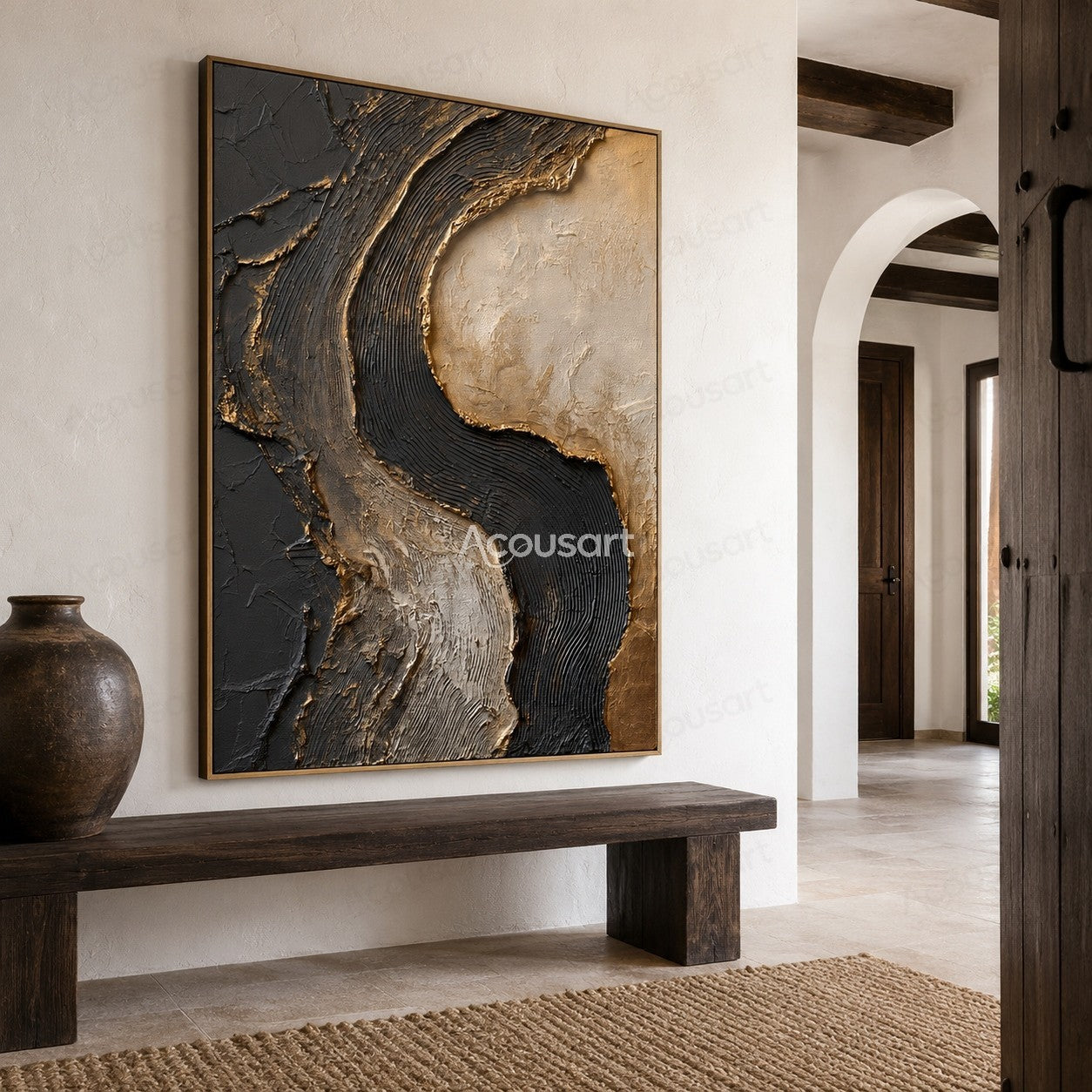 Black and beige textured abstract wall art with raised curved layers and organic stone-like patterns
