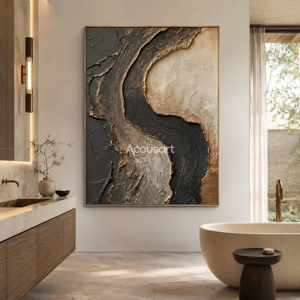 Black and beige textured abstract wall art with raised curved layers and organic stone-like patterns