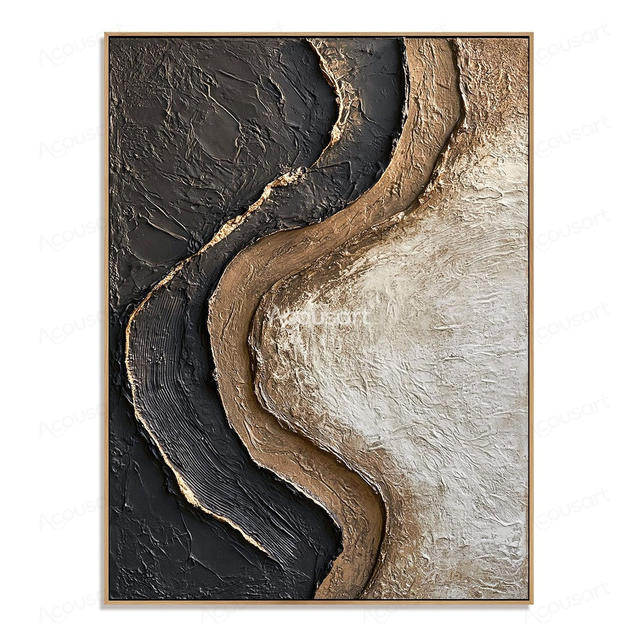 Black beige textured abstract wall art with flowing organic curves and raised stone-like layers