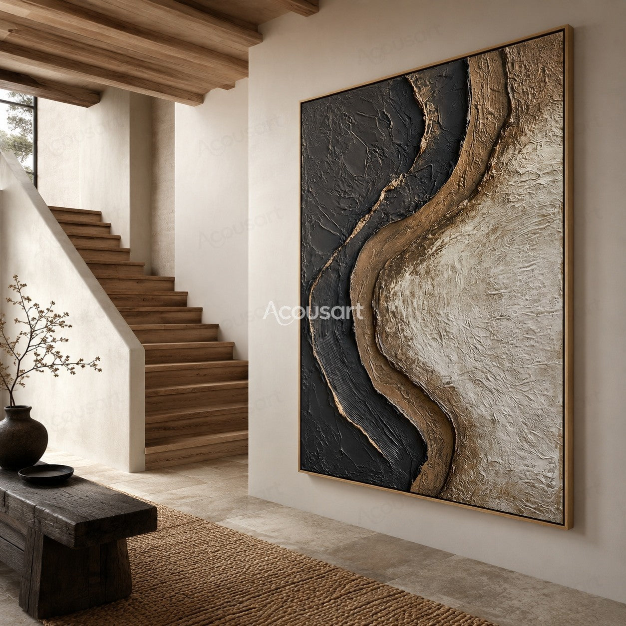 Black beige textured abstract wall art with flowing organic curves and raised stone-like layers