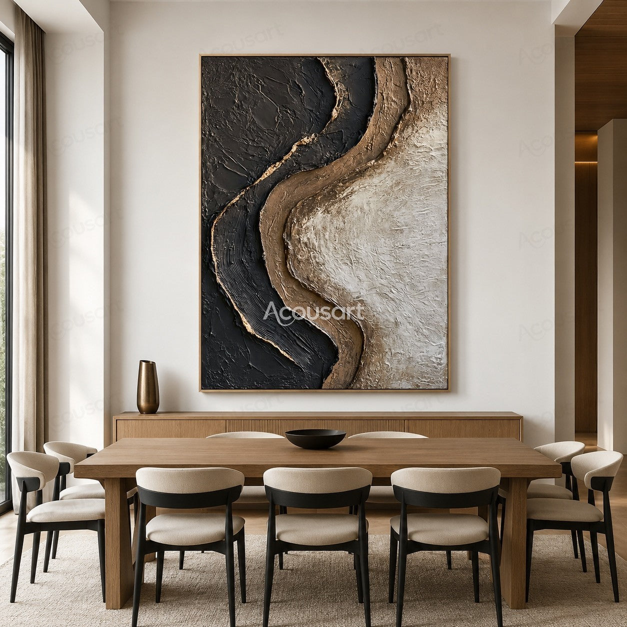 Black beige textured abstract wall art with flowing organic curves and raised stone-like layers