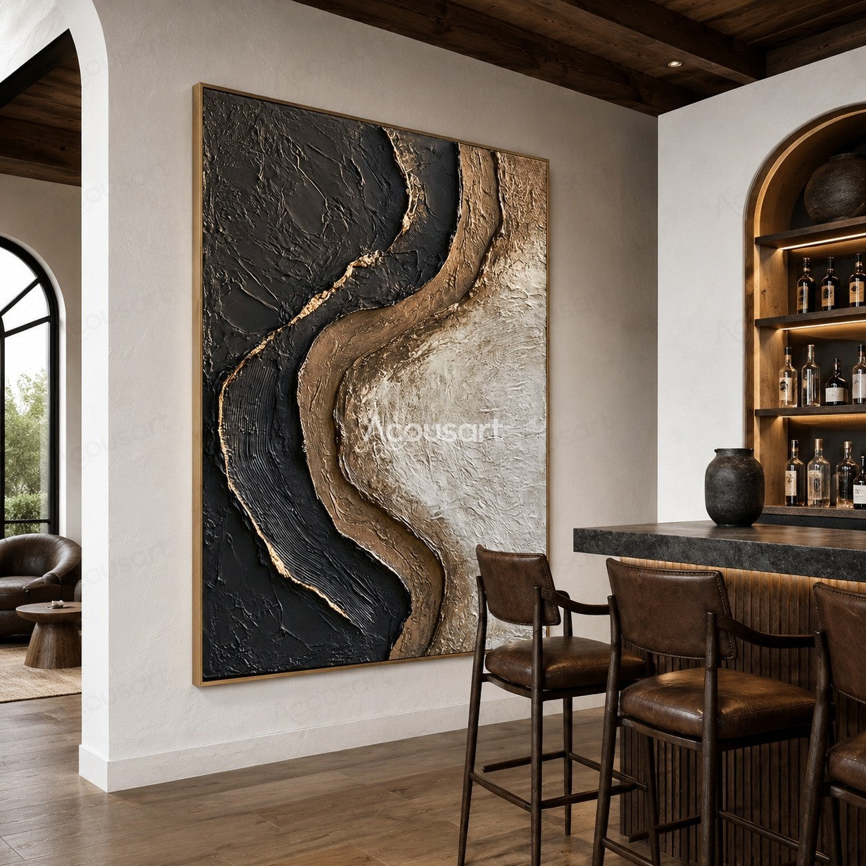 Black beige textured abstract wall art with flowing organic curves and raised stone-like layers