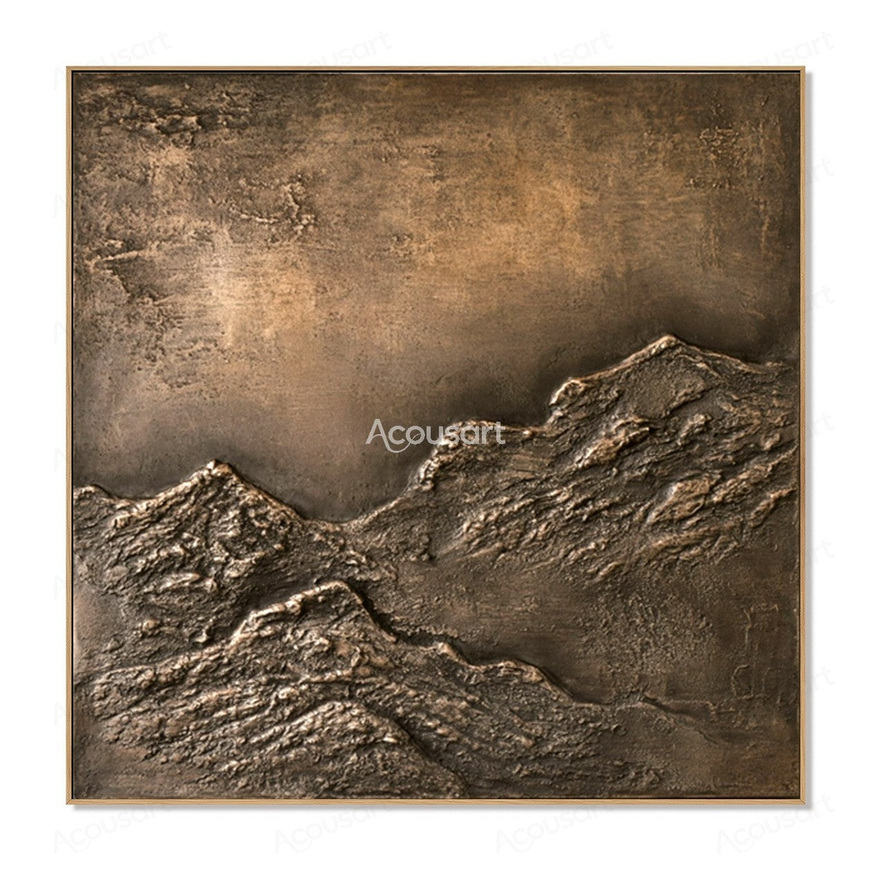 Textured abstract mountain landscape wall art with dark rocky layers and warm brown earth tones