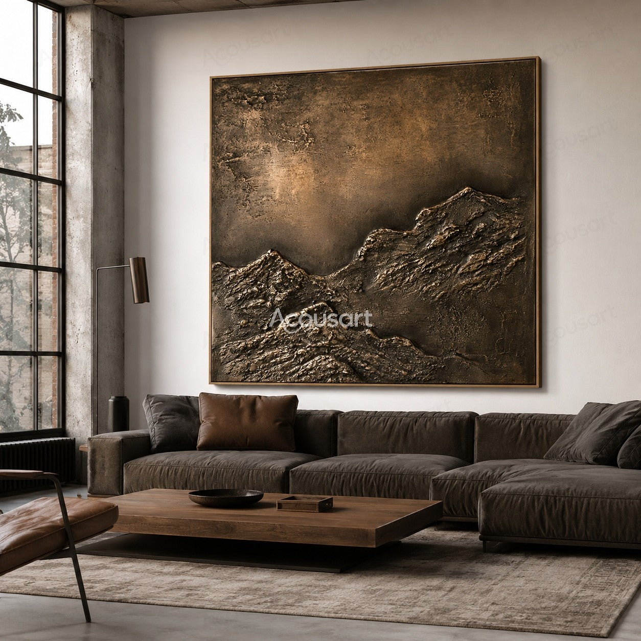Textured abstract mountain landscape wall art with dark rocky layers and warm brown earth tones