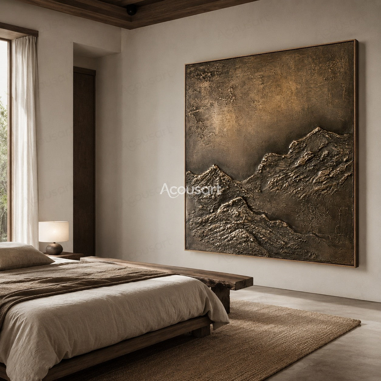 Textured abstract mountain landscape wall art with dark rocky layers and warm brown earth tones