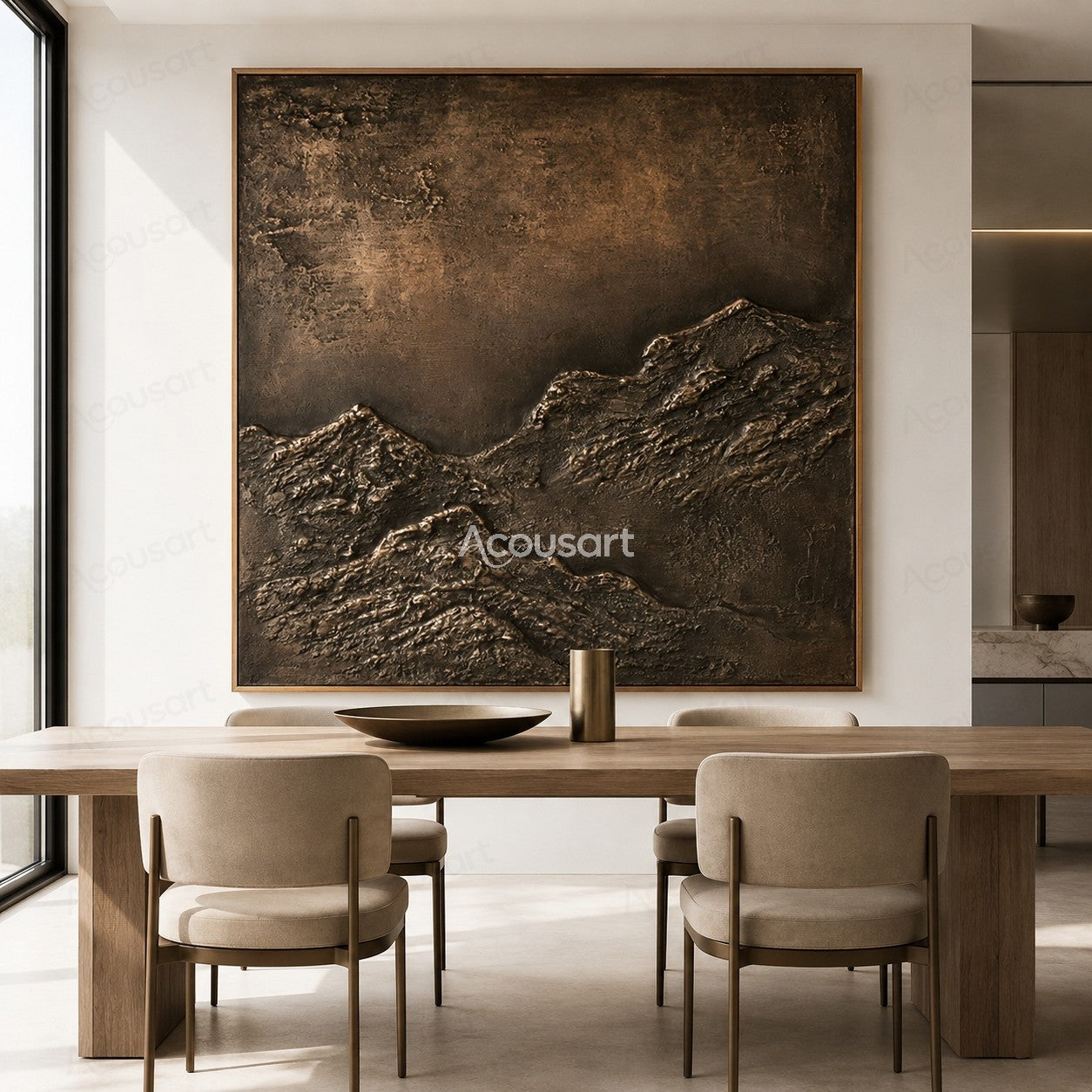 Textured abstract mountain landscape wall art with dark rocky layers and warm brown earth tones