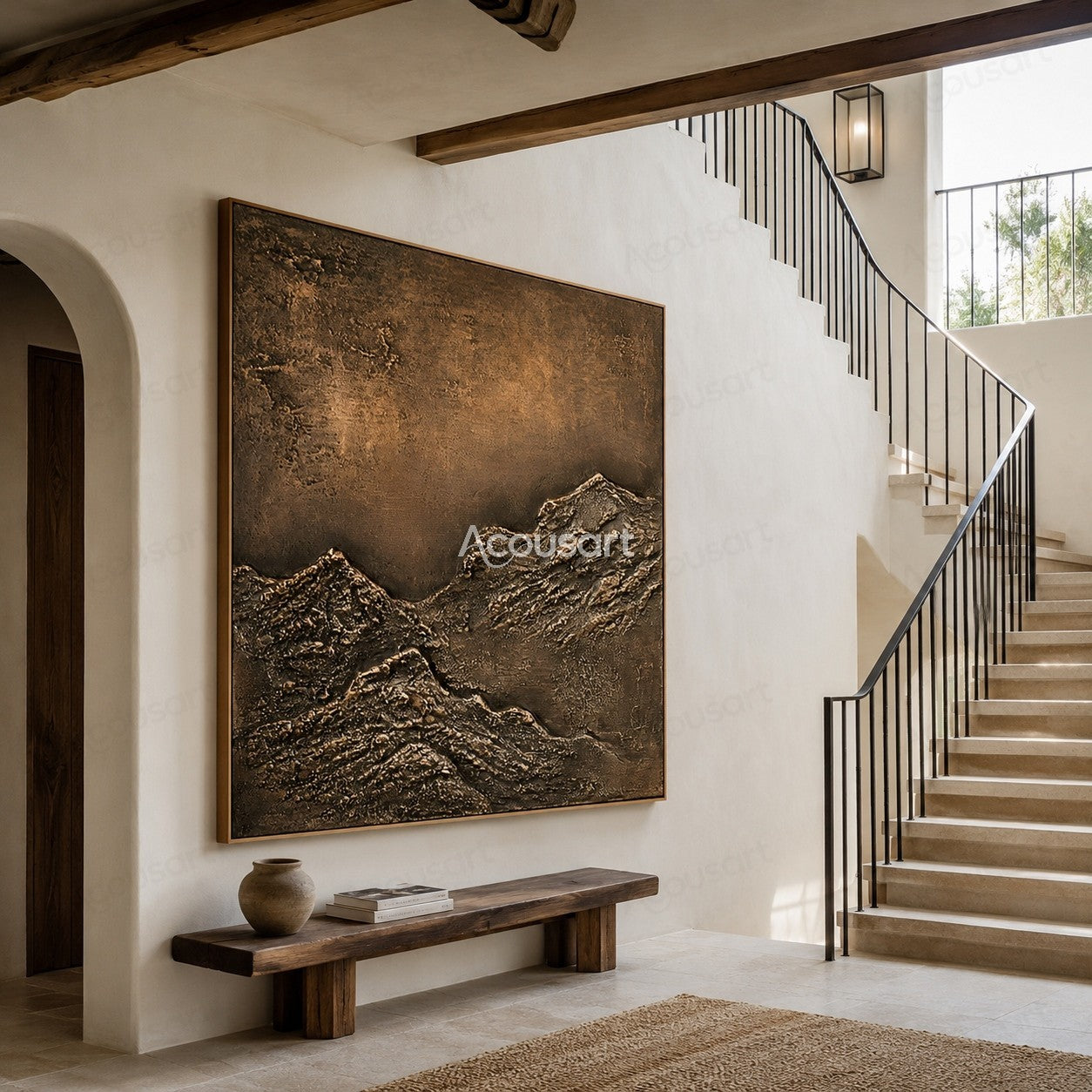 Textured abstract mountain landscape wall art with dark rocky layers and warm brown earth tones