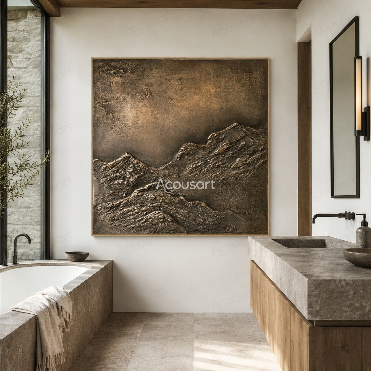 Textured abstract mountain landscape wall art with dark rocky layers and warm brown earth tones