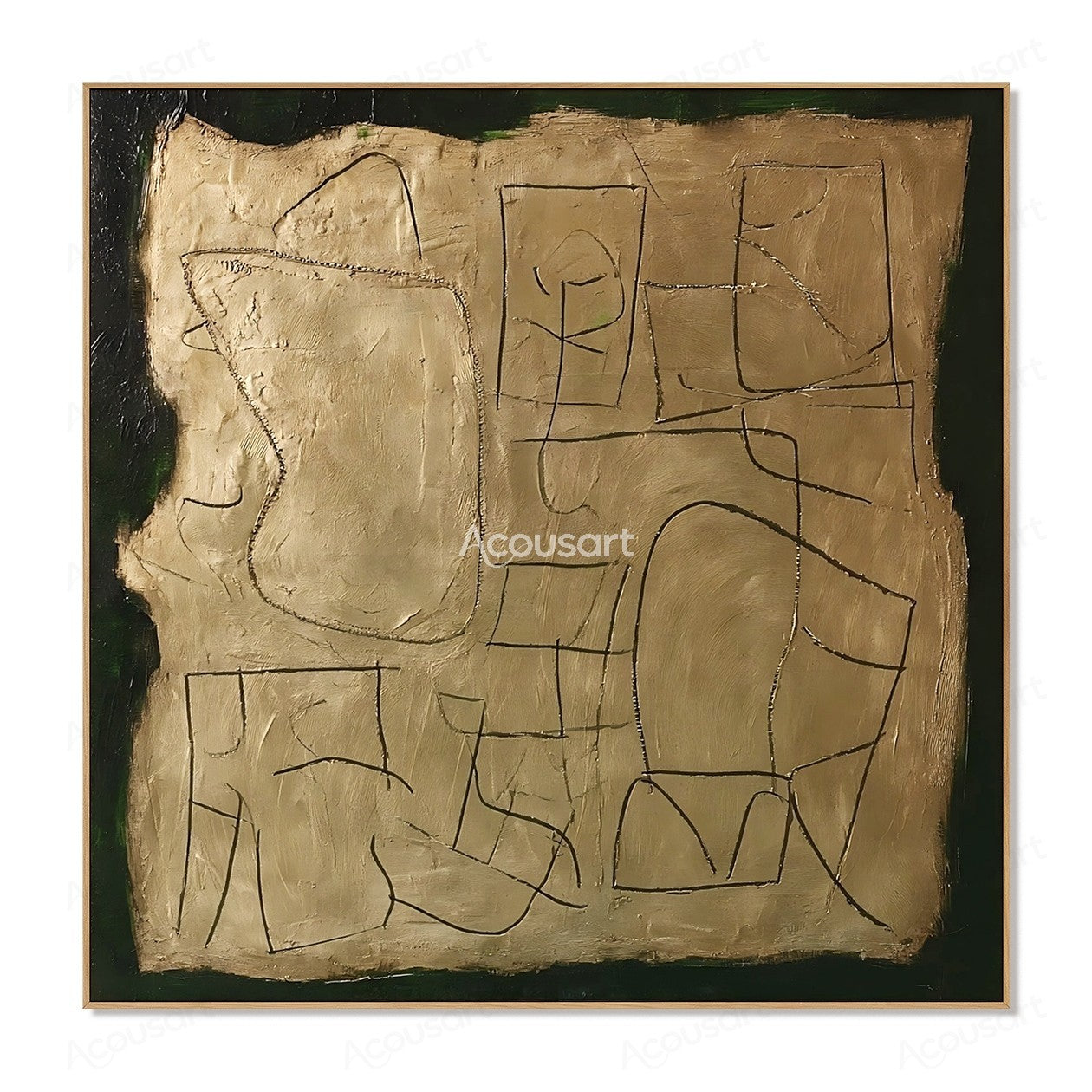 Textured abstract wall art in beige and green with hand-drawn black lines and layered paint