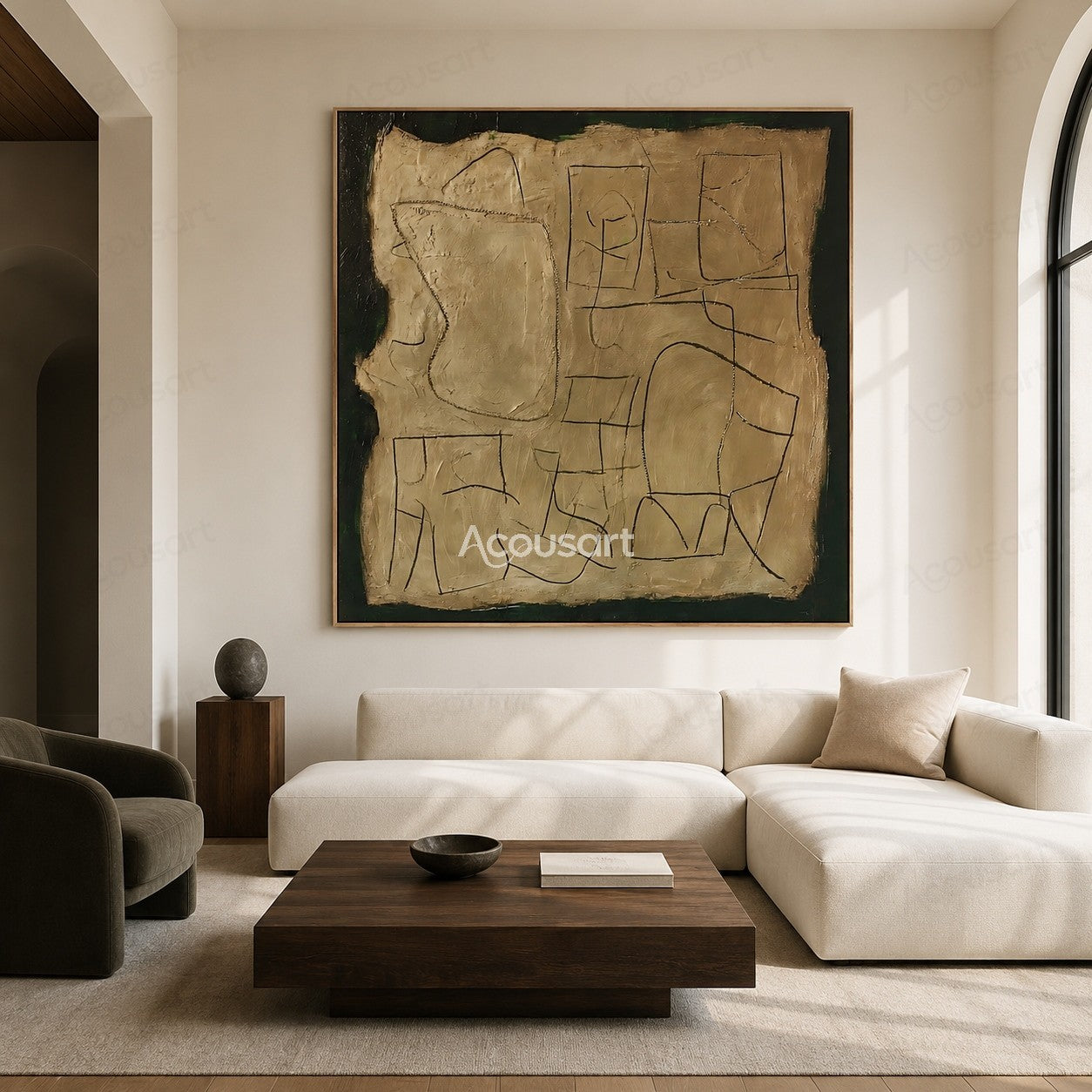 Textured abstract wall art in beige and green with hand-drawn black lines and layered paint
