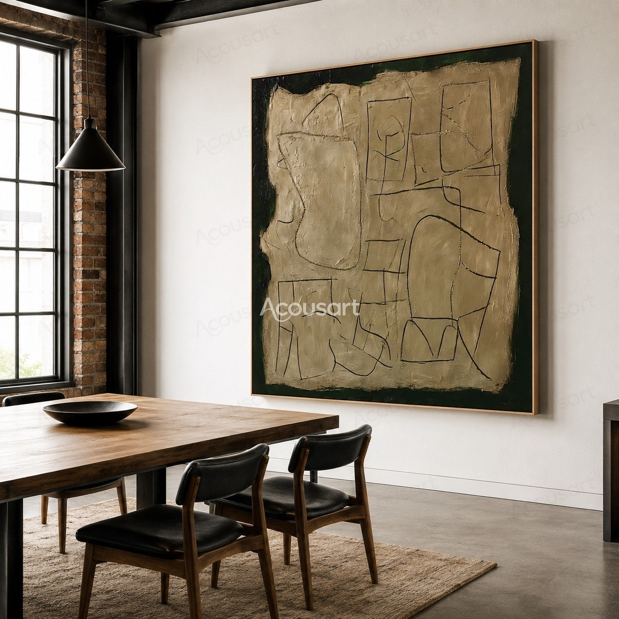 Textured abstract wall art in beige and green with hand-drawn black lines and layered paint