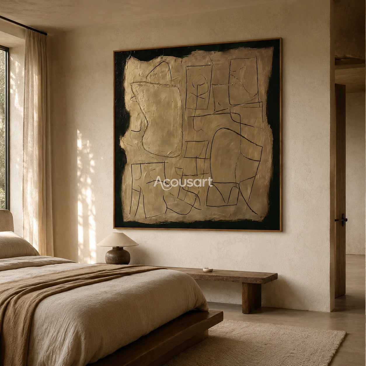 Textured abstract wall art in beige and green with hand-drawn black lines and layered paint