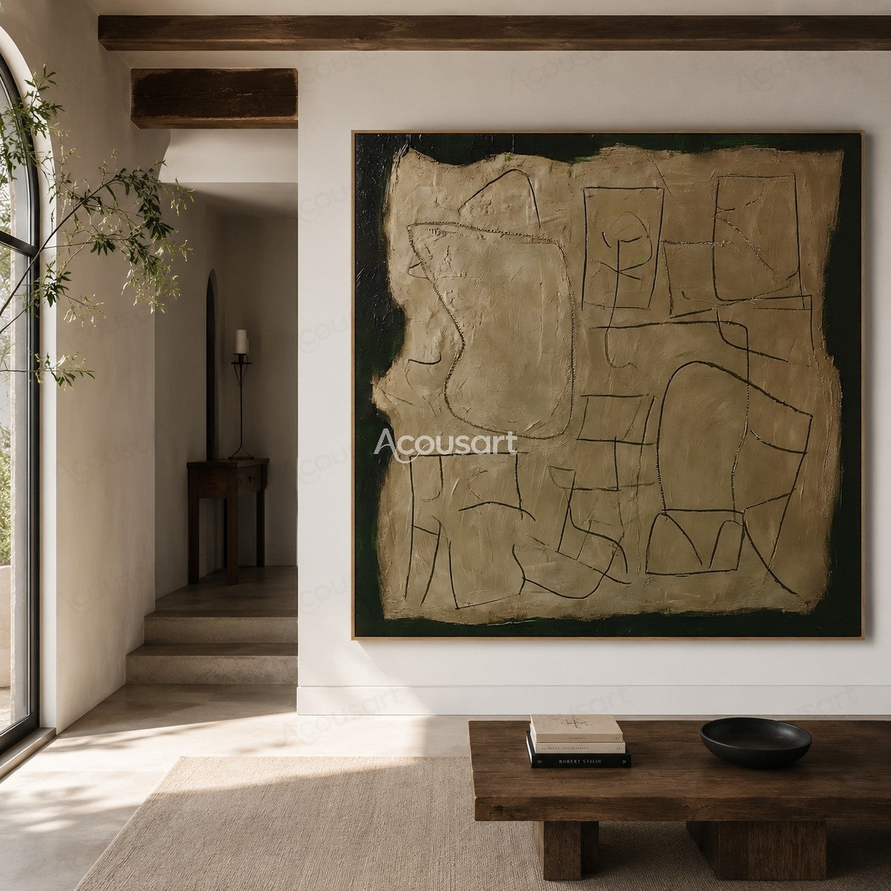 Textured abstract wall art in beige and green with hand-drawn black lines and layered paint
