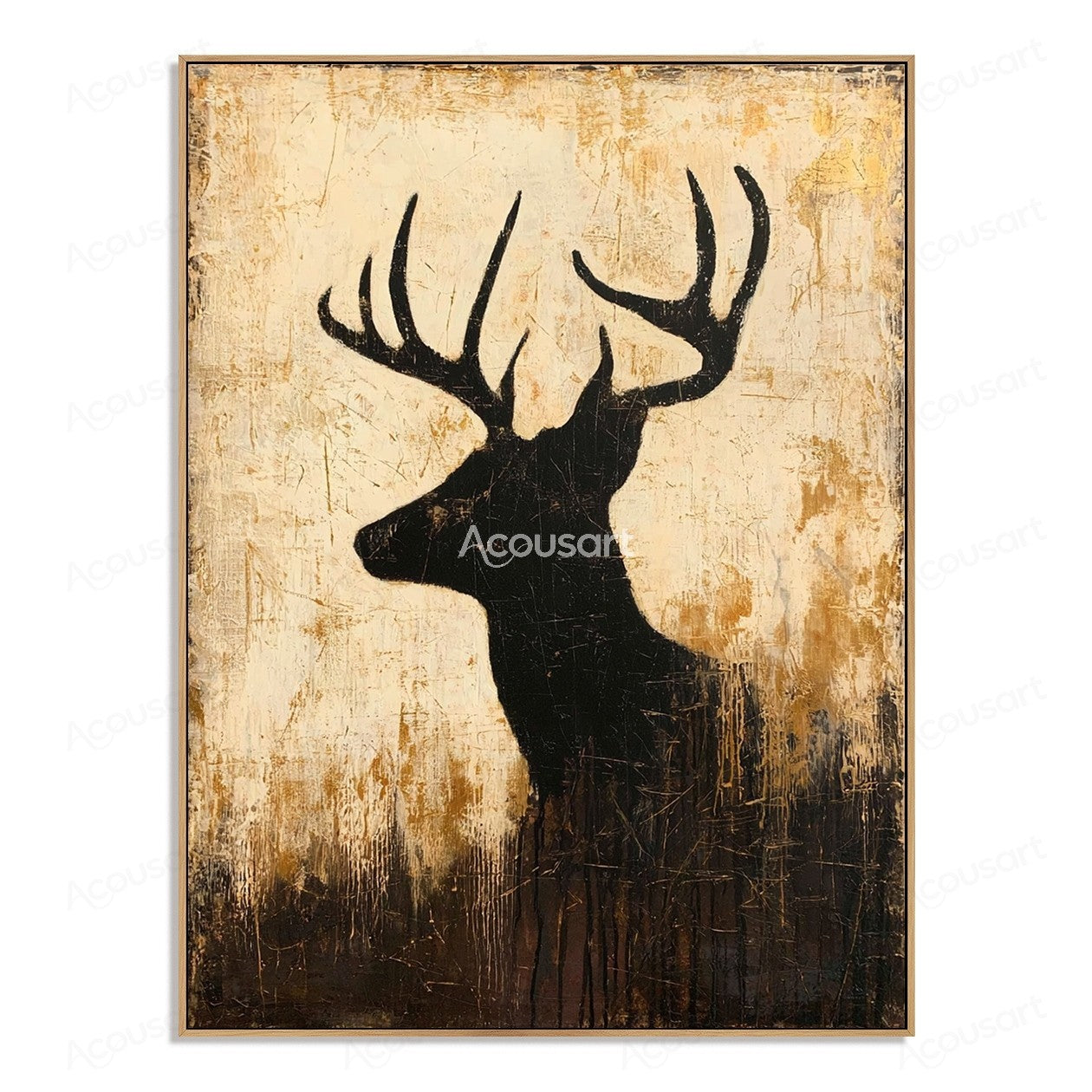 Black deer silhouette wall art with large antlers on a textured beige and brown background