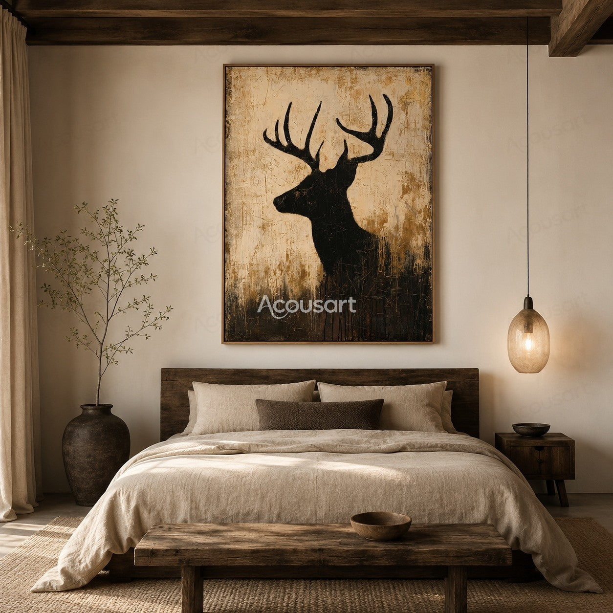 Black deer silhouette wall art with large antlers on a textured beige and brown background