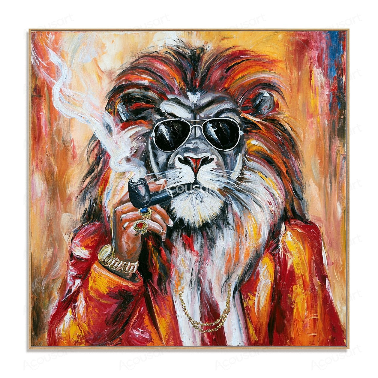 Stylish lion portrait wall art with sunglasses, red jacket, gold accessories, and colorful textured brushstrokes