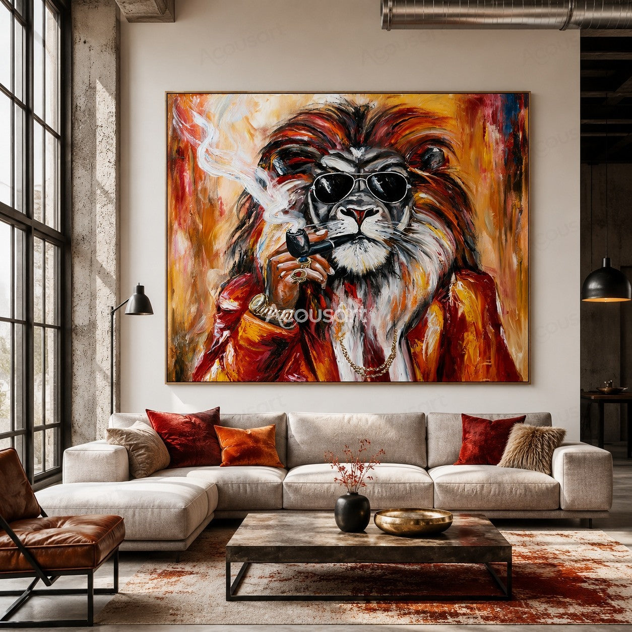 Stylish lion portrait wall art with sunglasses, red jacket, gold accessories, and colorful textured brushstrokes