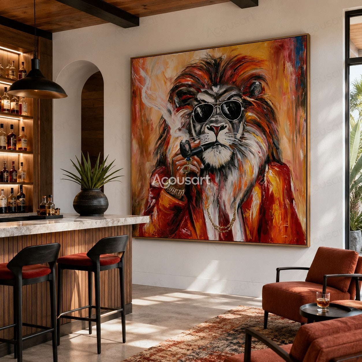 Stylish lion portrait wall art with sunglasses, red jacket, gold accessories, and colorful textured brushstrokes