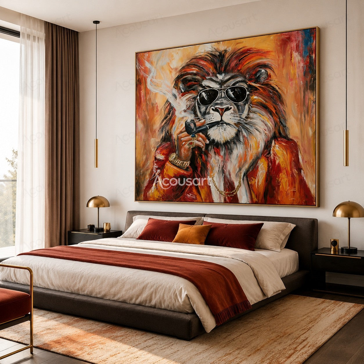 Stylish lion portrait wall art with sunglasses, red jacket, gold accessories, and colorful textured brushstrokes