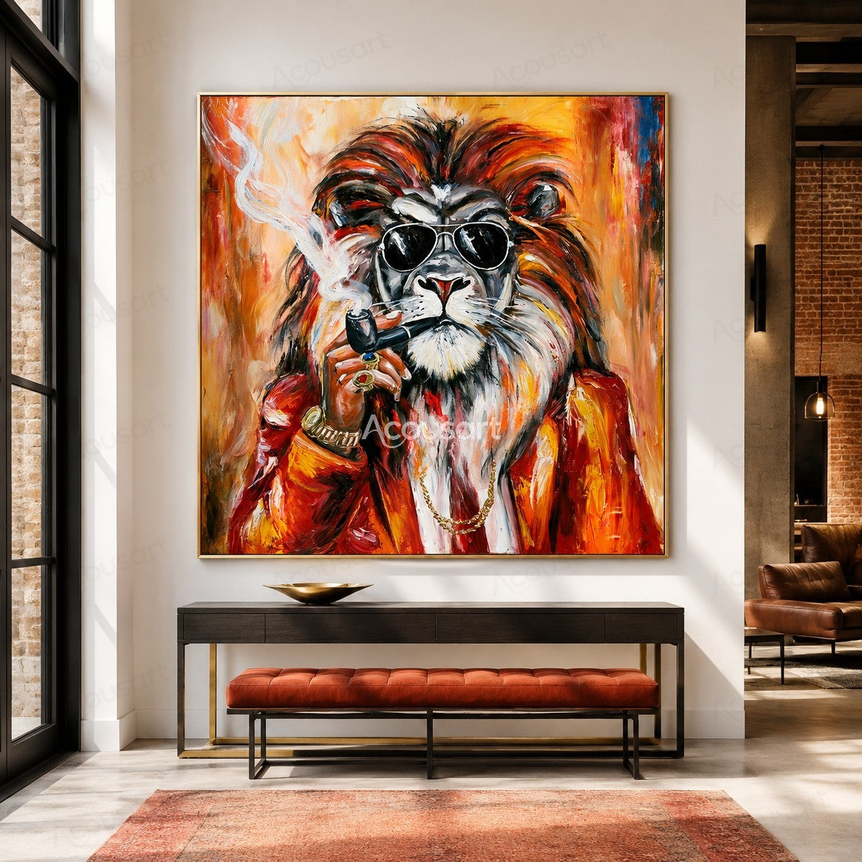 Stylish lion portrait wall art with sunglasses, red jacket, gold accessories, and colorful textured brushstrokes