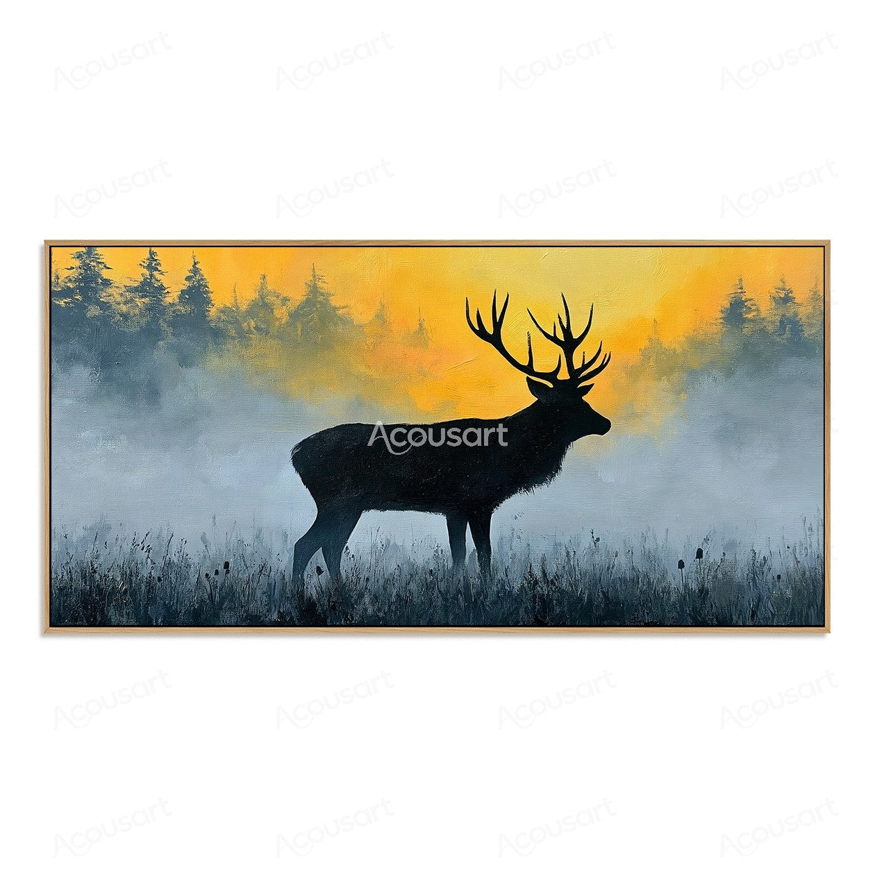 Black stag silhouette in a misty field with golden sunrise and forest background