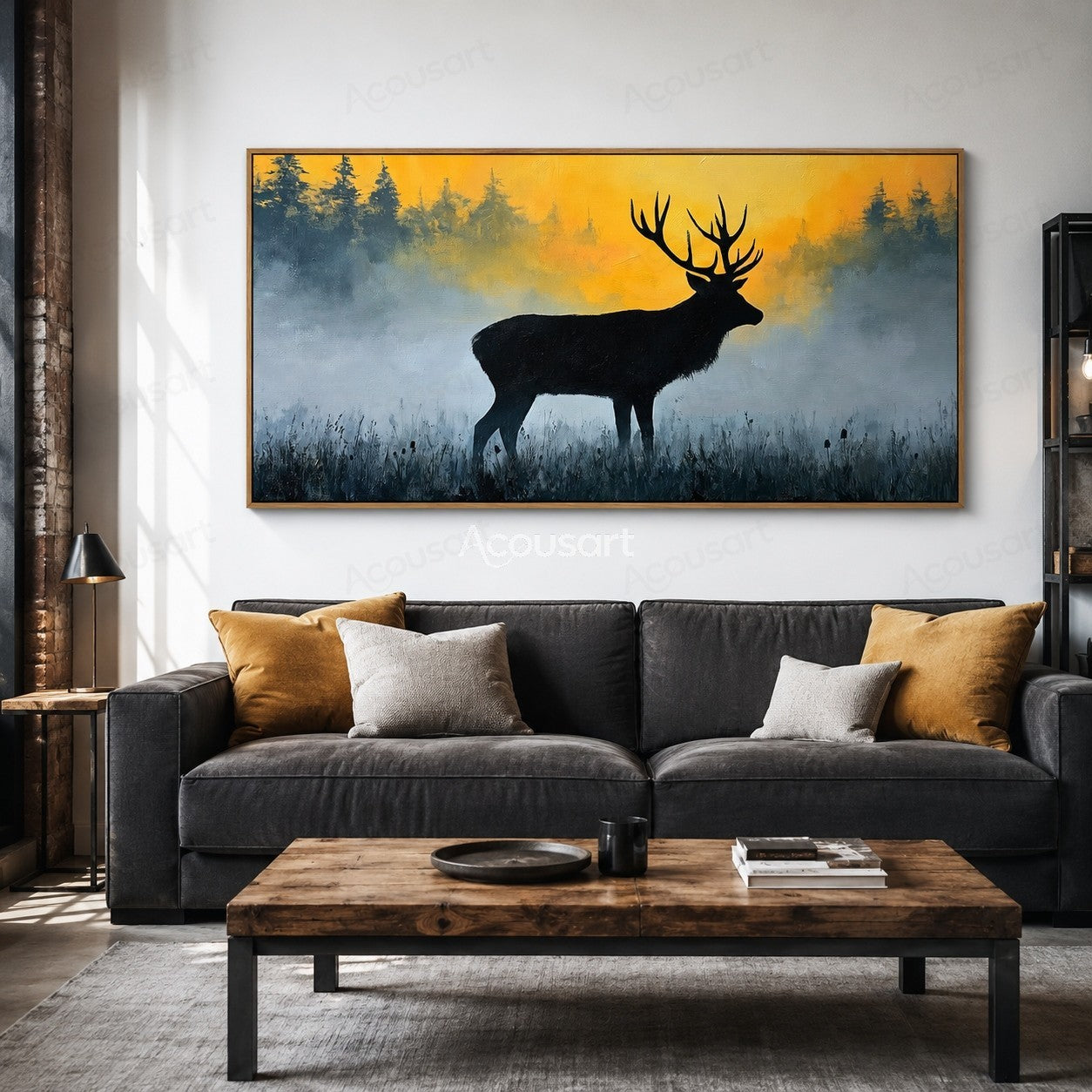 Black stag silhouette in a misty field with golden sunrise and forest background