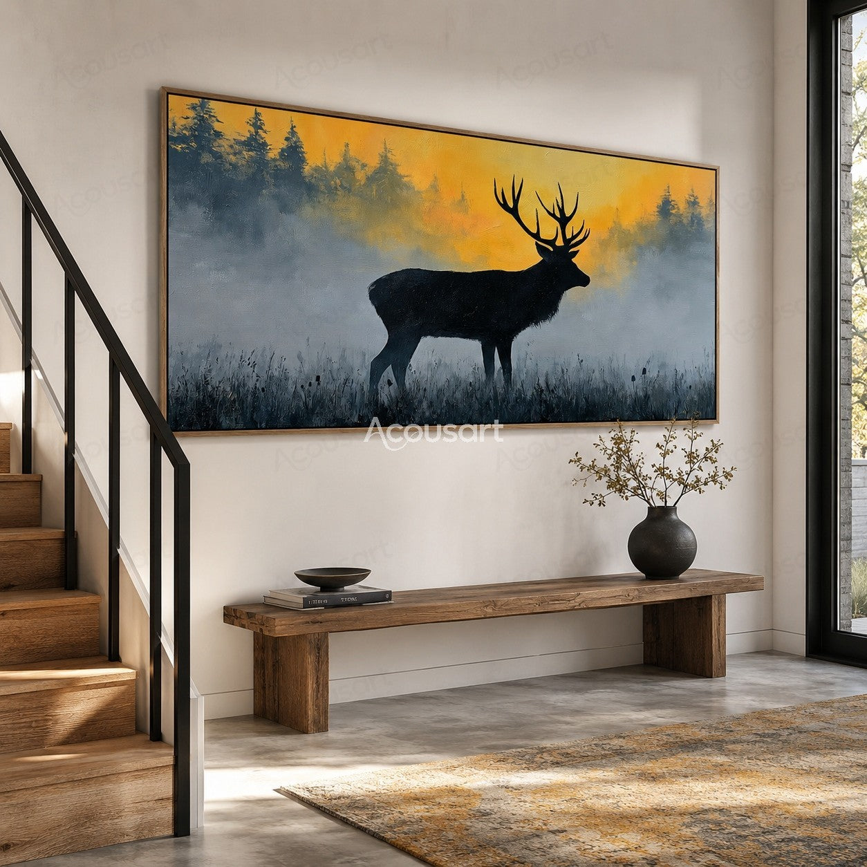 Black stag silhouette in a misty field with golden sunrise and forest background