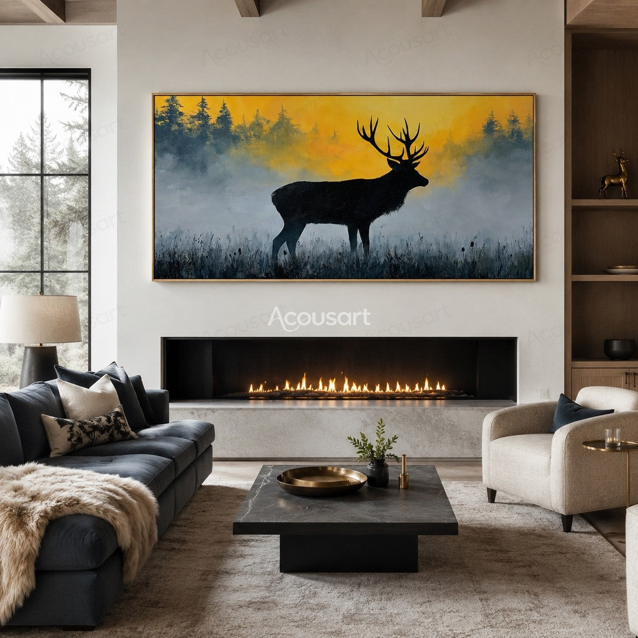 Black stag silhouette in a misty field with golden sunrise and forest background