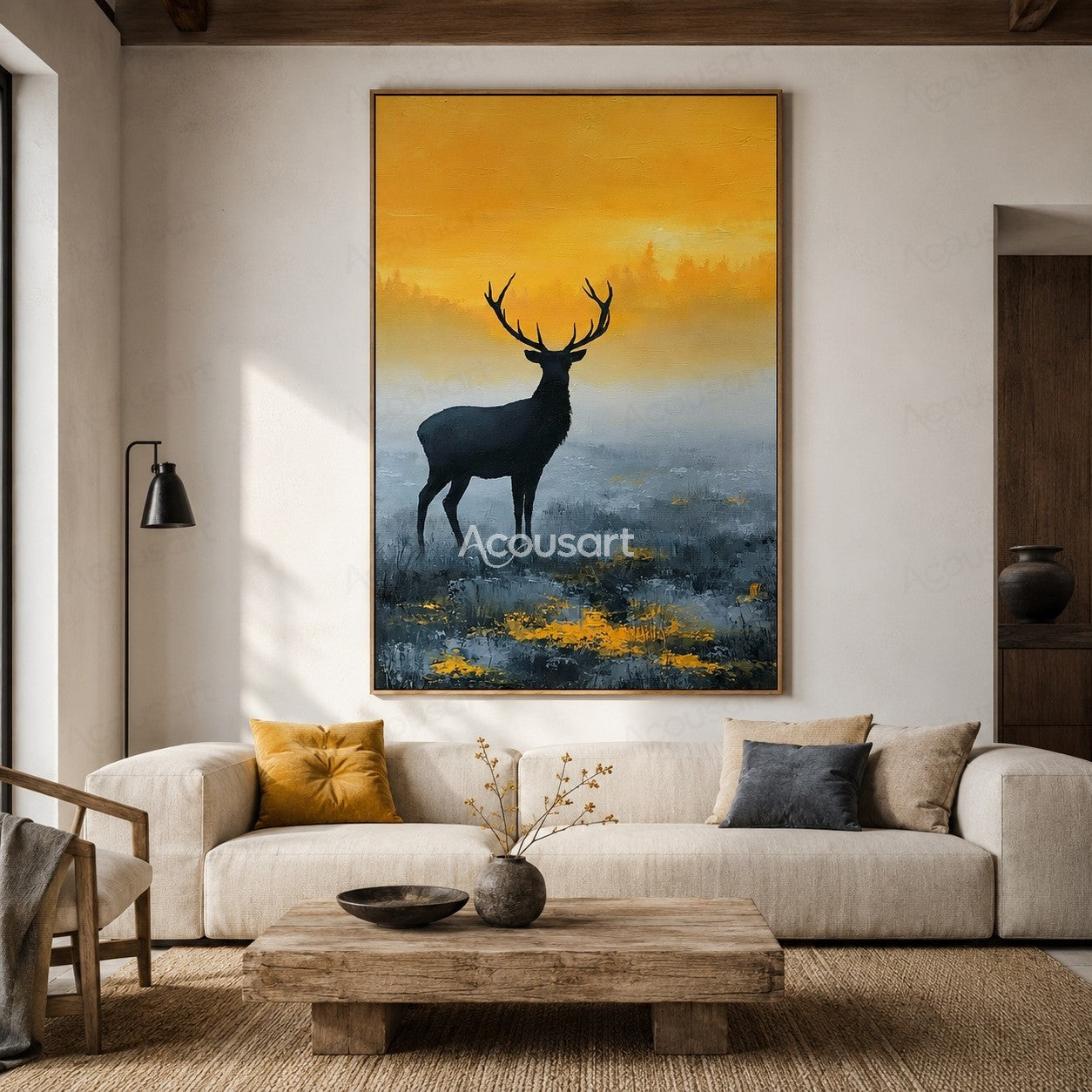 Black stag silhouette deer wall art with golden sunrise sky and misty blue forest landscape