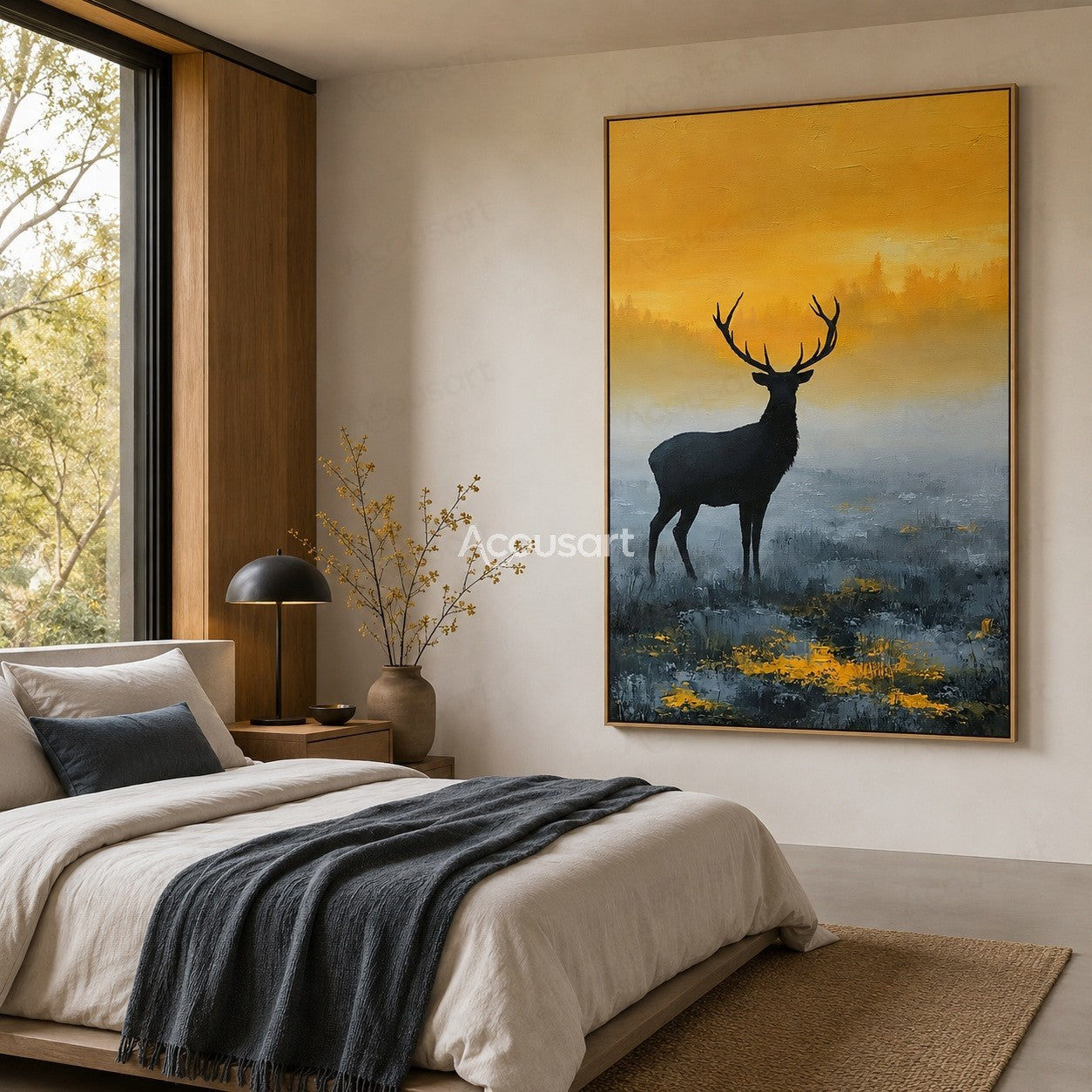 Black stag silhouette deer wall art with golden sunrise sky and misty blue forest landscape