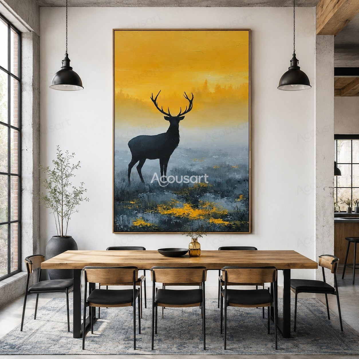 Black stag silhouette deer wall art with golden sunrise sky and misty blue forest landscape