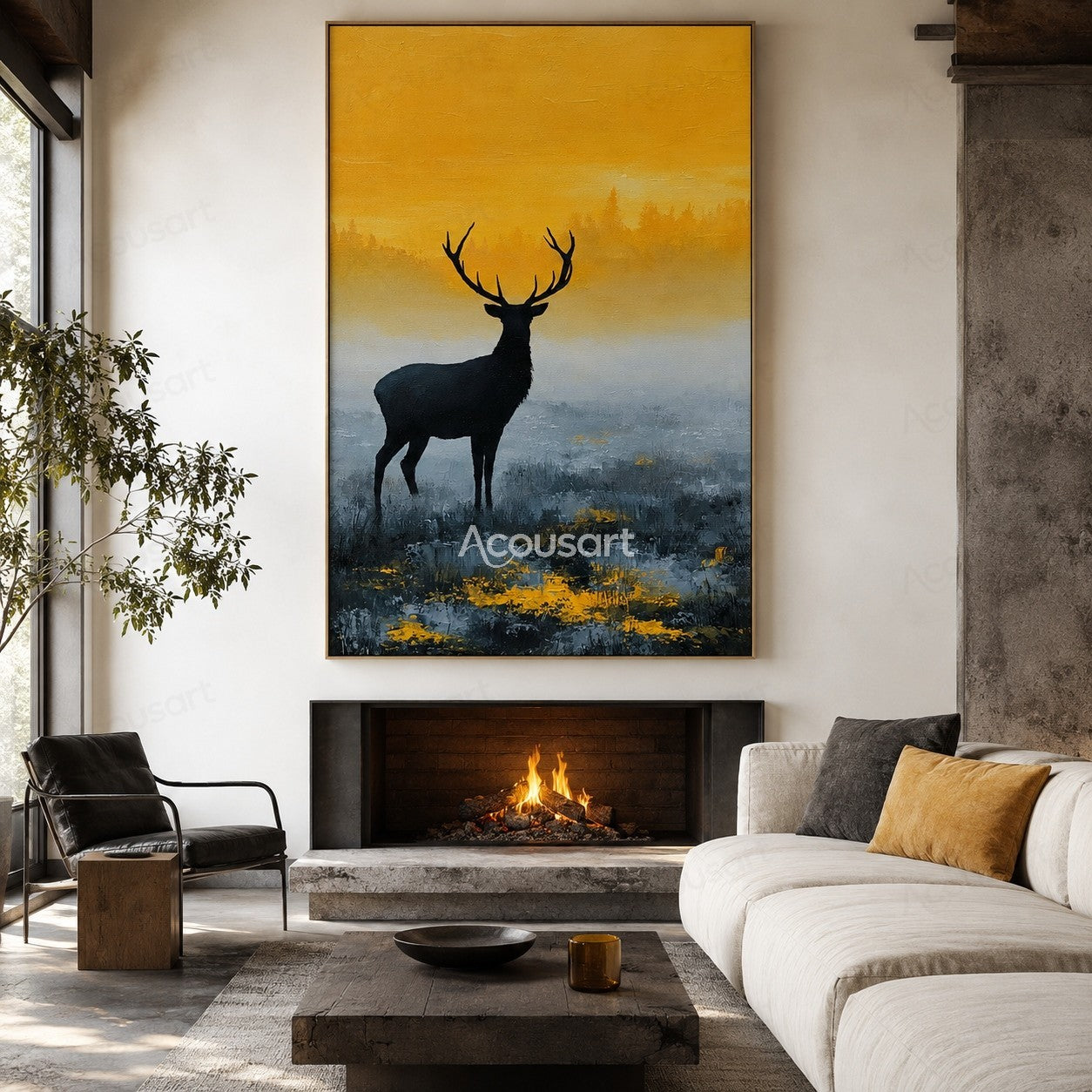 Black stag silhouette deer wall art with golden sunrise sky and misty blue forest landscape