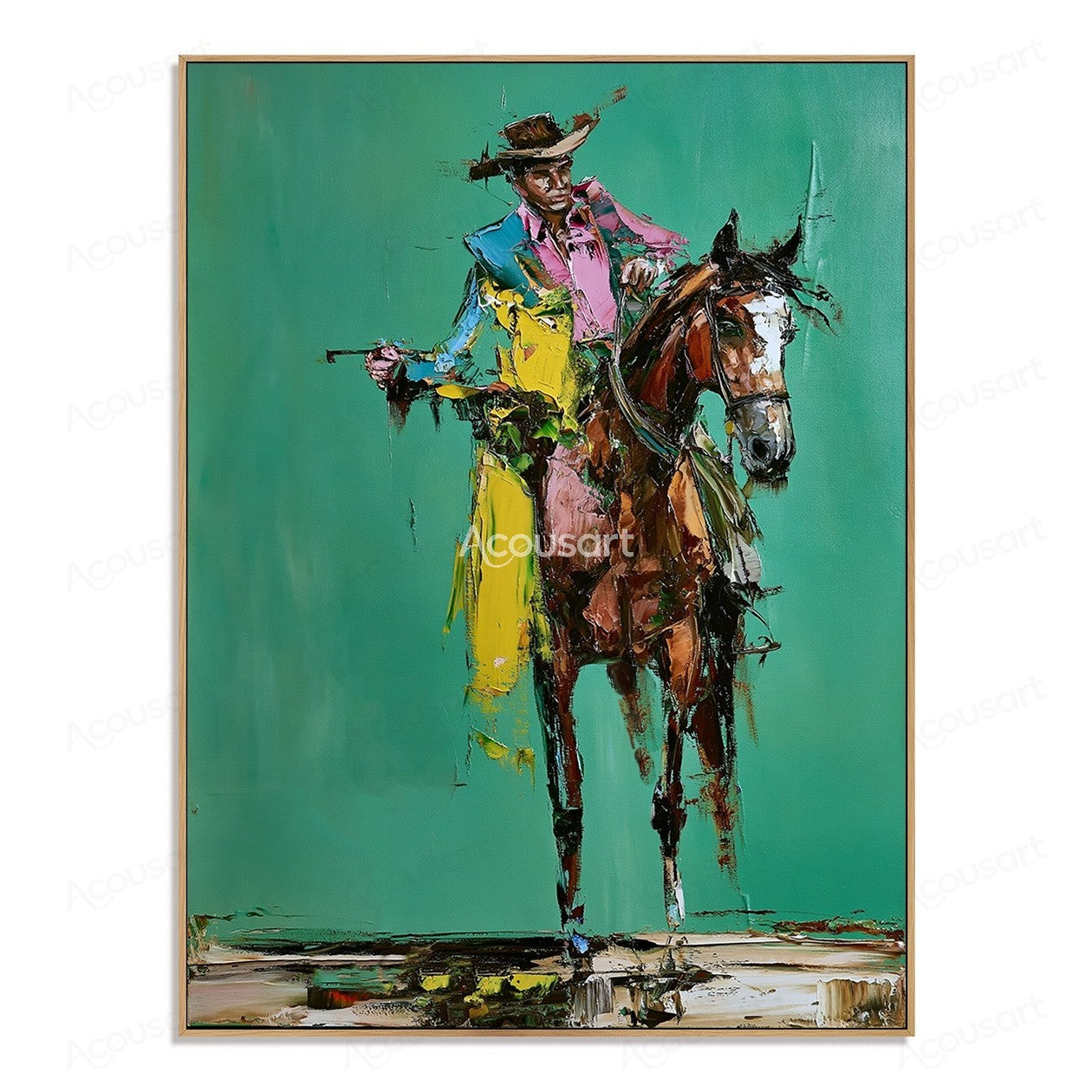 Colorful cowboy riding a horse wall art with bold brushstrokes and teal background