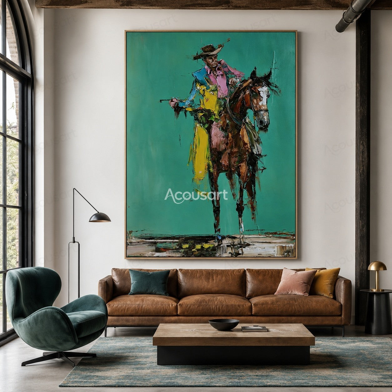 Colorful cowboy riding a horse wall art with bold brushstrokes and teal background