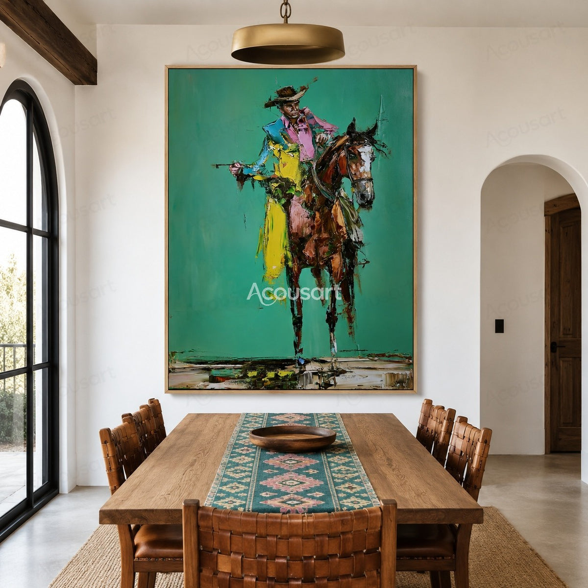Colorful cowboy riding a horse wall art with bold brushstrokes and teal background