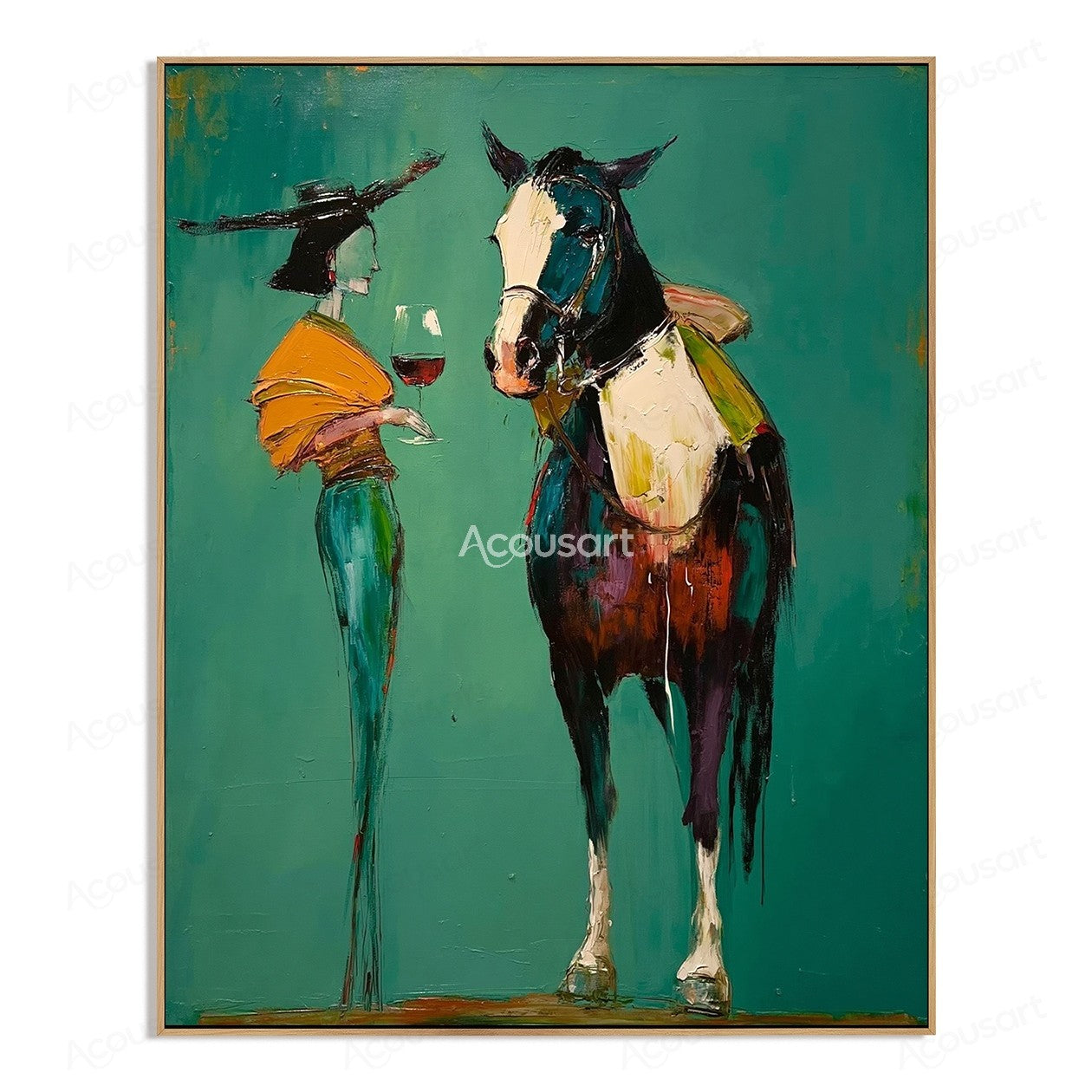 Western horse wall art featuring stylish woman in black hat holding wine beside a horse on teal background