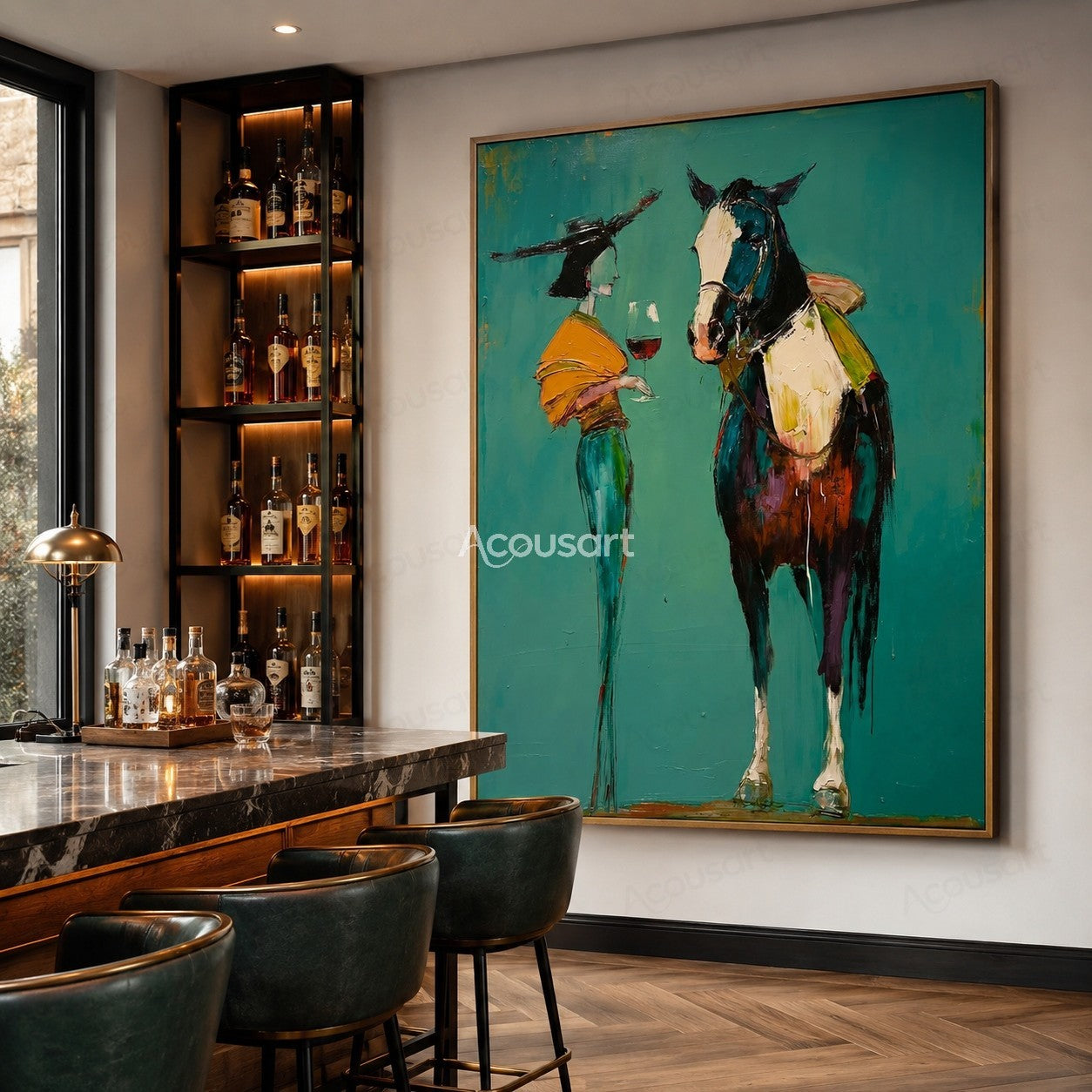 Western horse wall art featuring stylish woman in black hat holding wine beside a horse on teal background