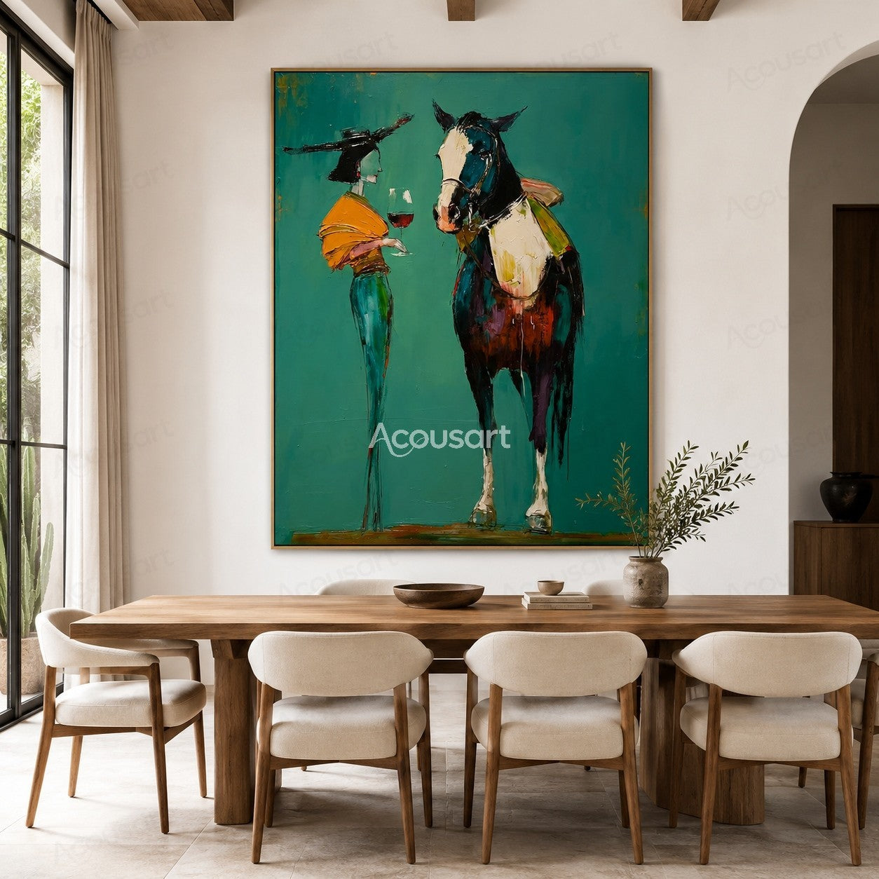 Western horse wall art featuring stylish woman in black hat holding wine beside a horse on teal background