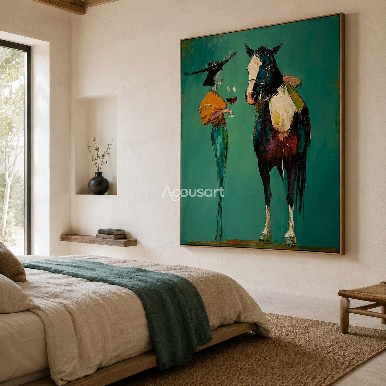 Western horse wall art featuring stylish woman in black hat holding wine beside a horse on teal background