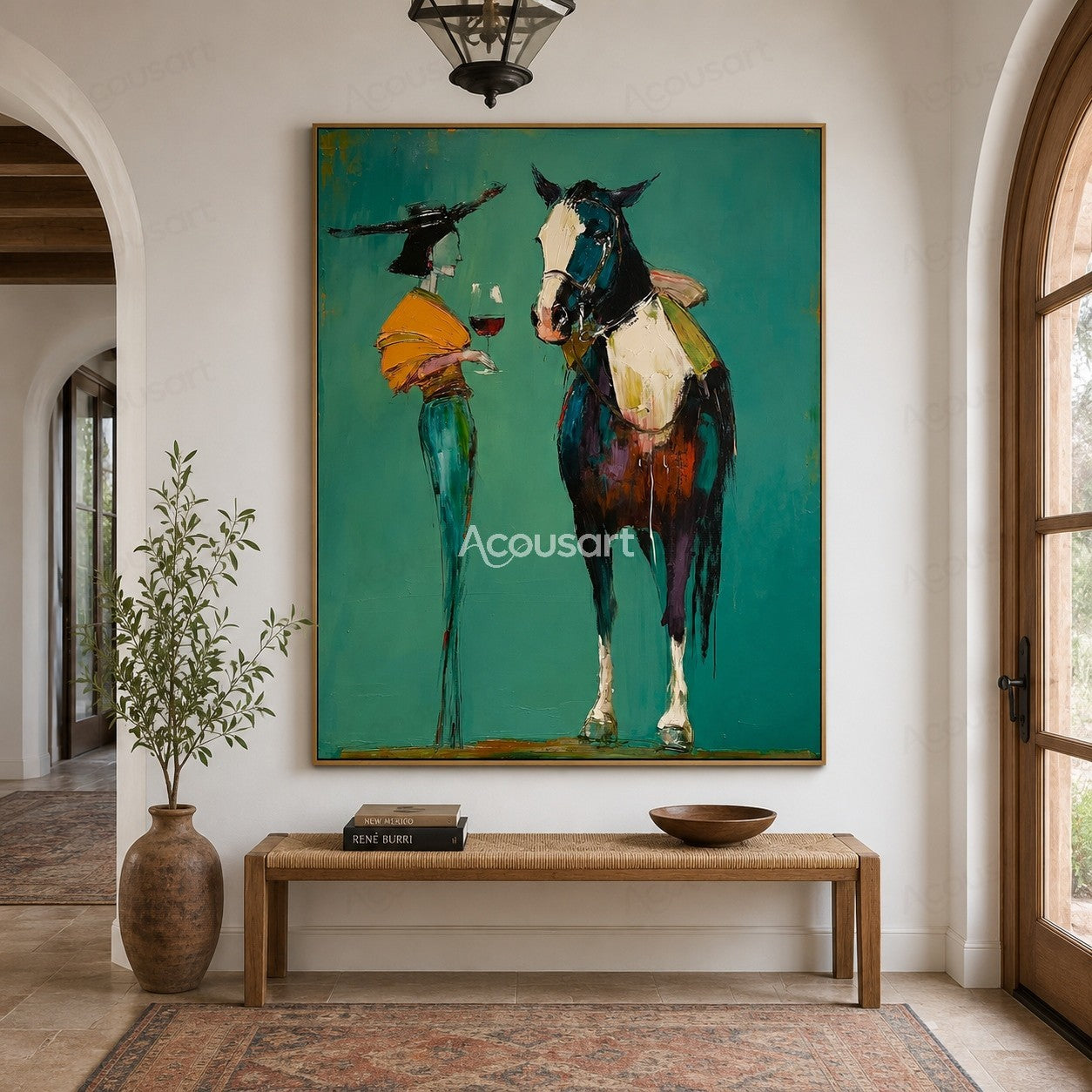 Western horse wall art featuring stylish woman in black hat holding wine beside a horse on teal background
