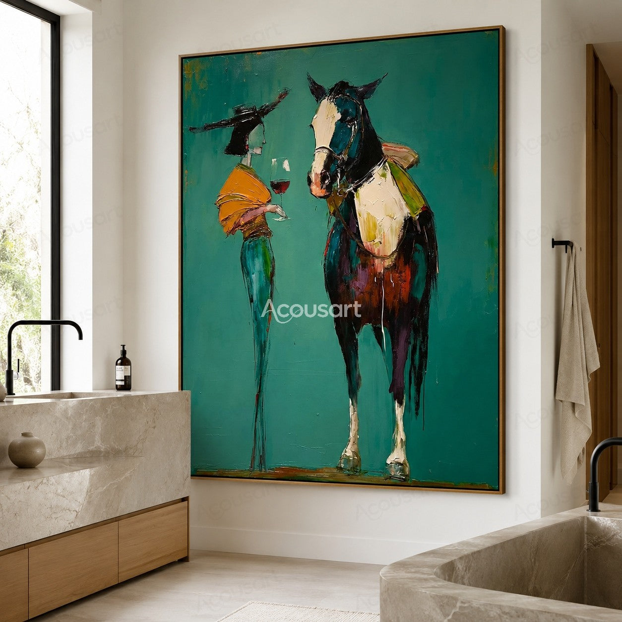Western horse wall art featuring stylish woman in black hat holding wine beside a horse on teal background