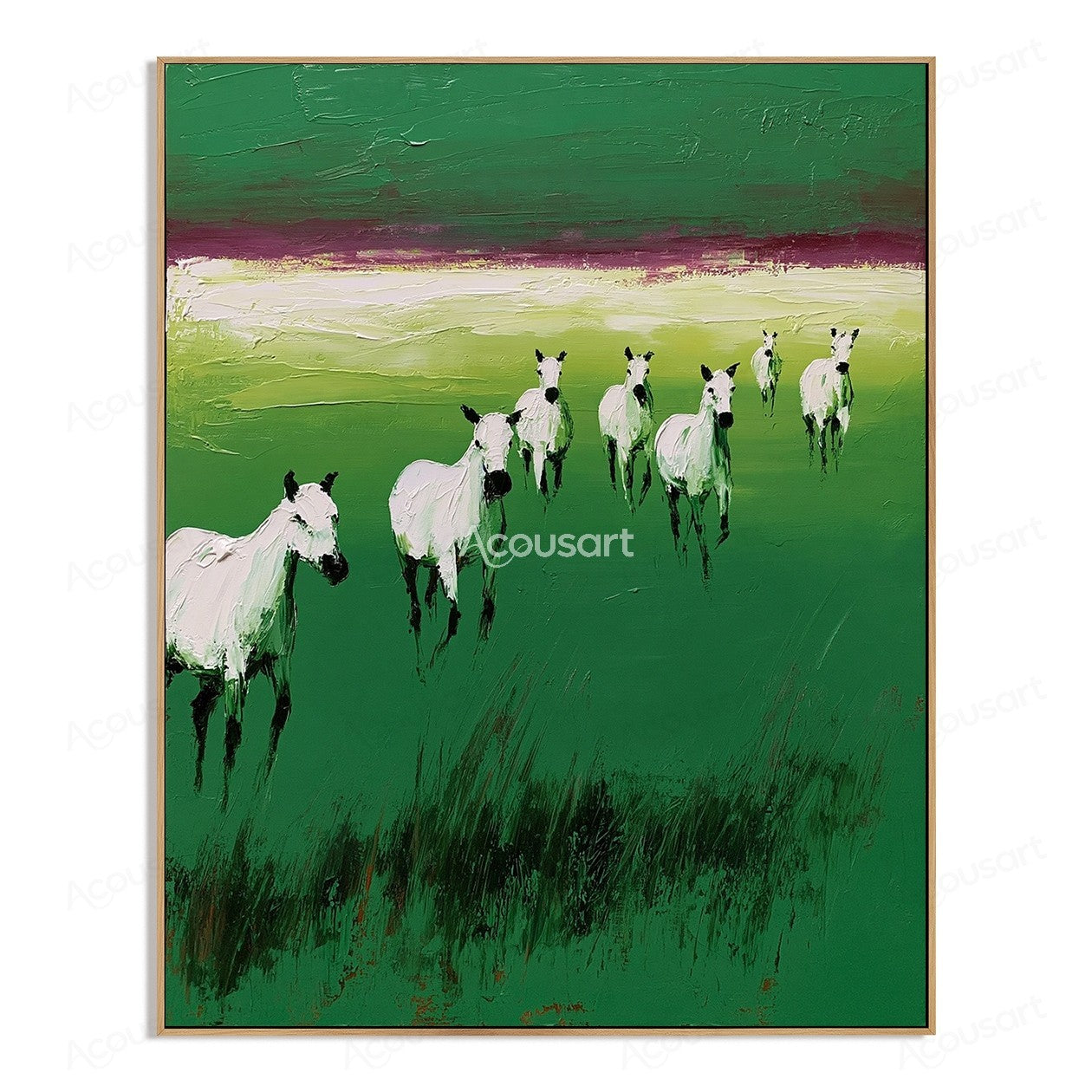 White horses running across a green meadow landscape painting with textured brushstrokes