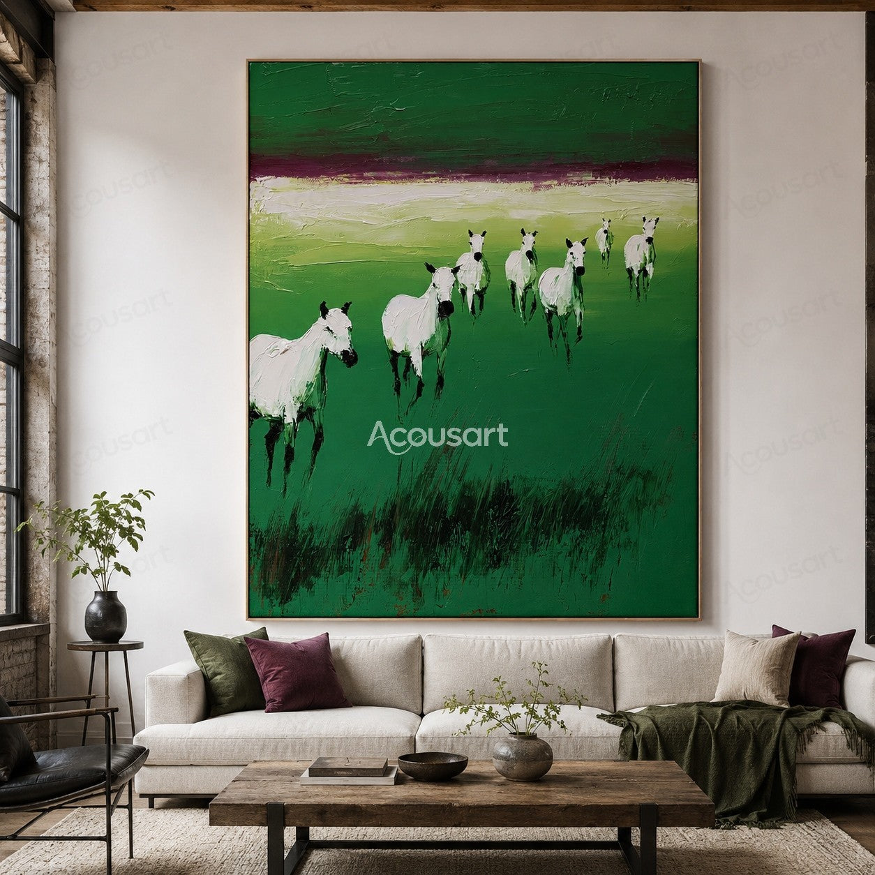 White horses running across a green meadow landscape painting with textured brushstrokes