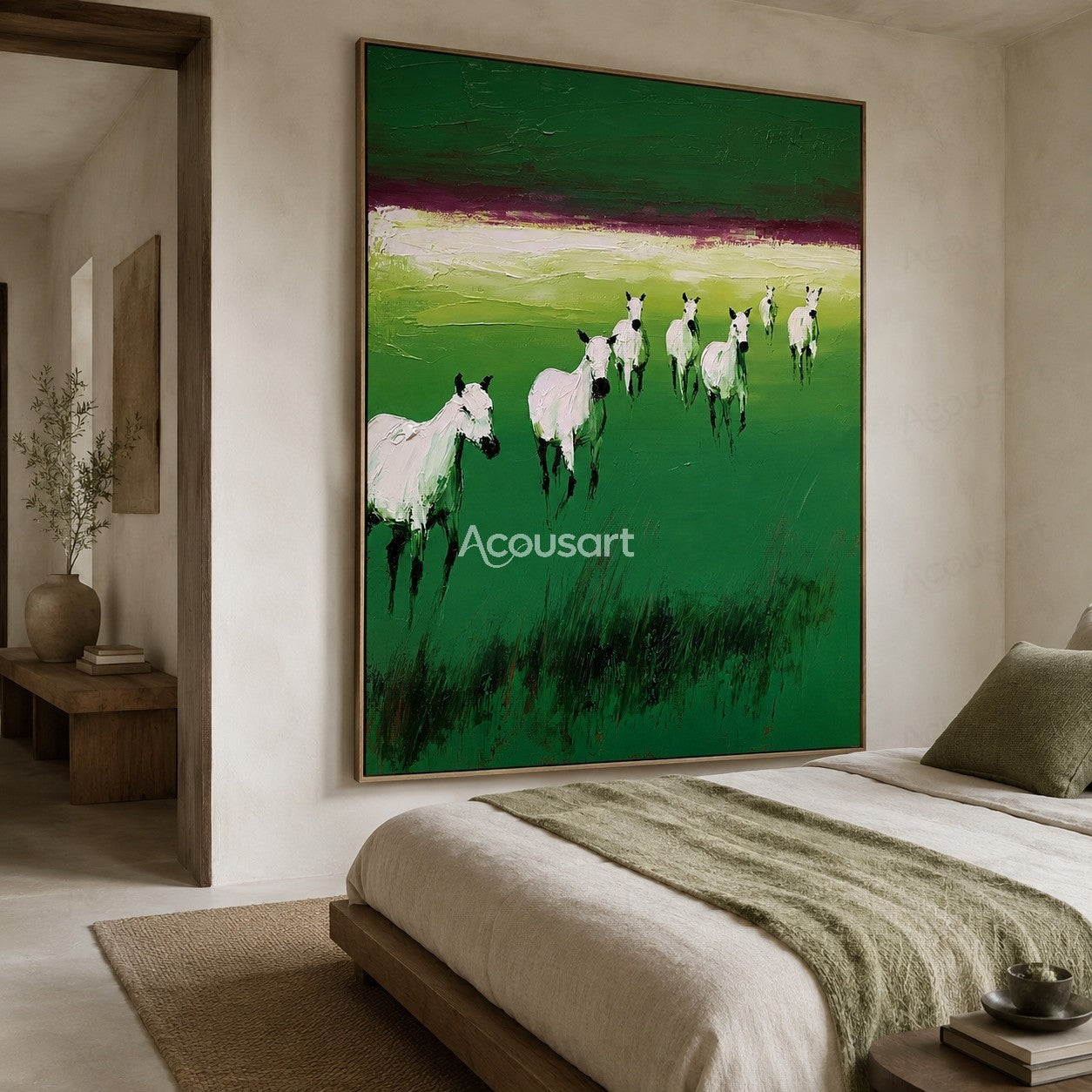 White horses running across a green meadow landscape painting with textured brushstrokes