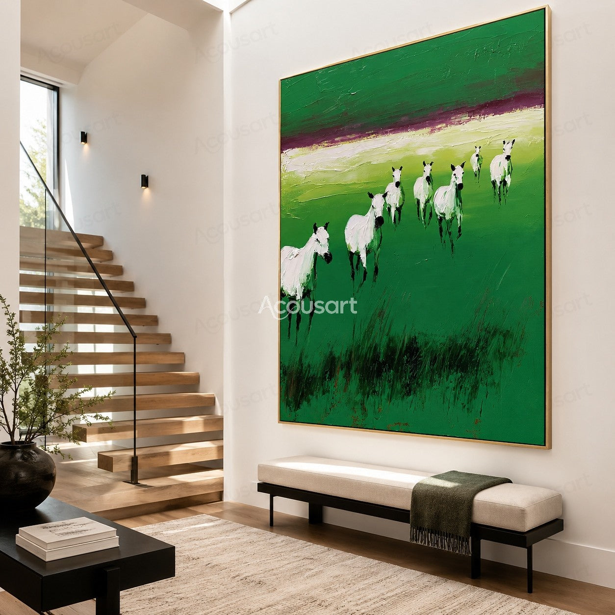 White horses running across a green meadow landscape painting with textured brushstrokes