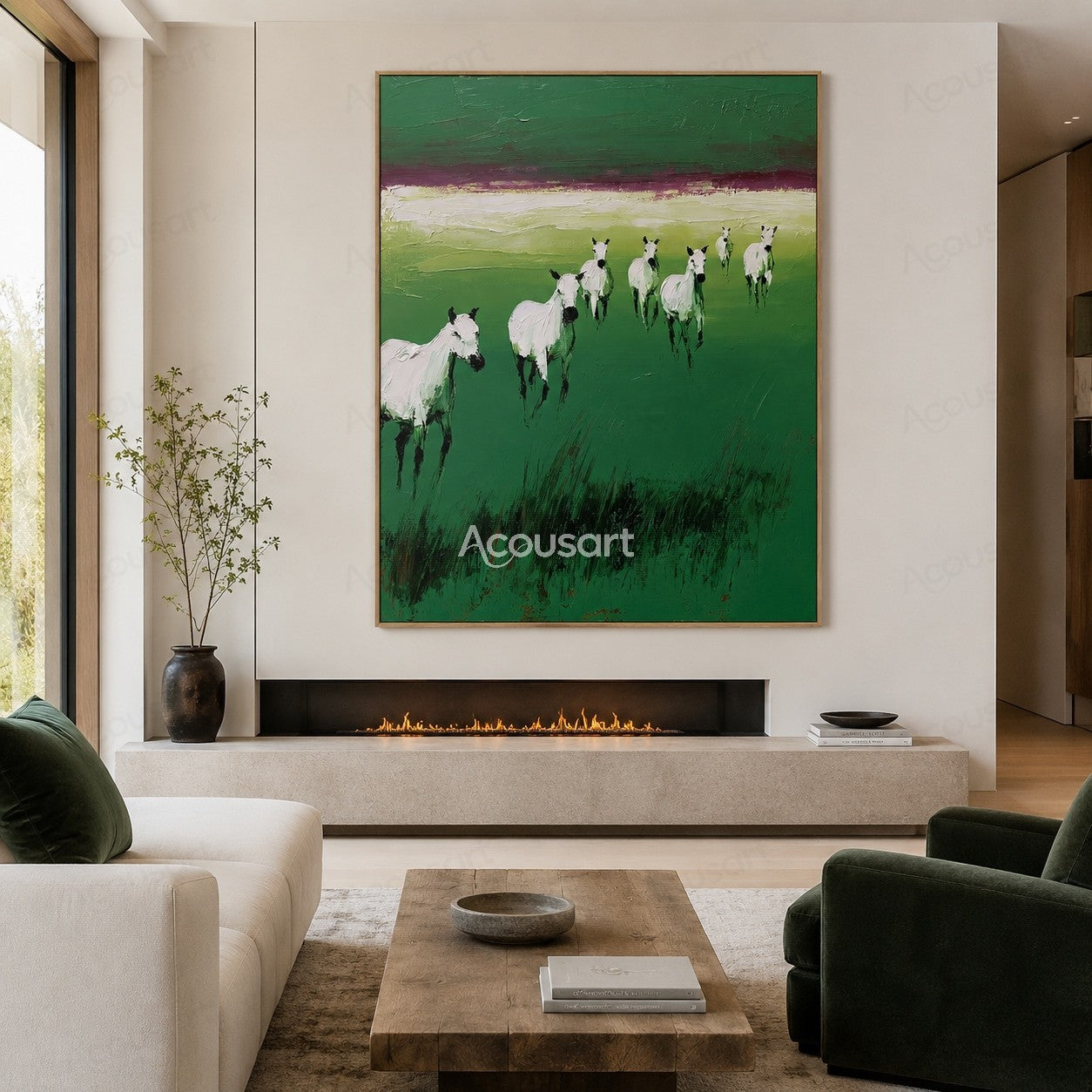 White horses running across a green meadow landscape painting with textured brushstrokes