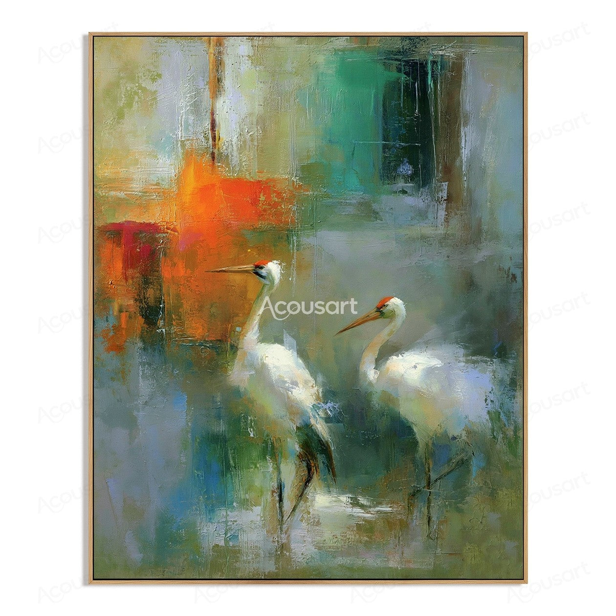 Two white cranes standing in a peaceful abstract blue green landscape painting with textured brushstrokes