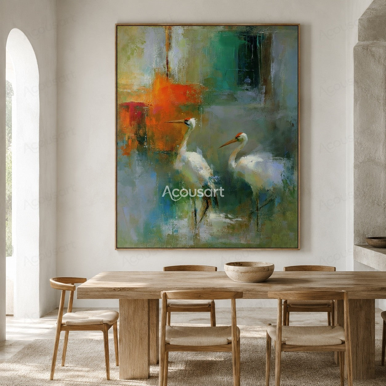 Two white cranes standing in a peaceful abstract blue green landscape painting with textured brushstrokes