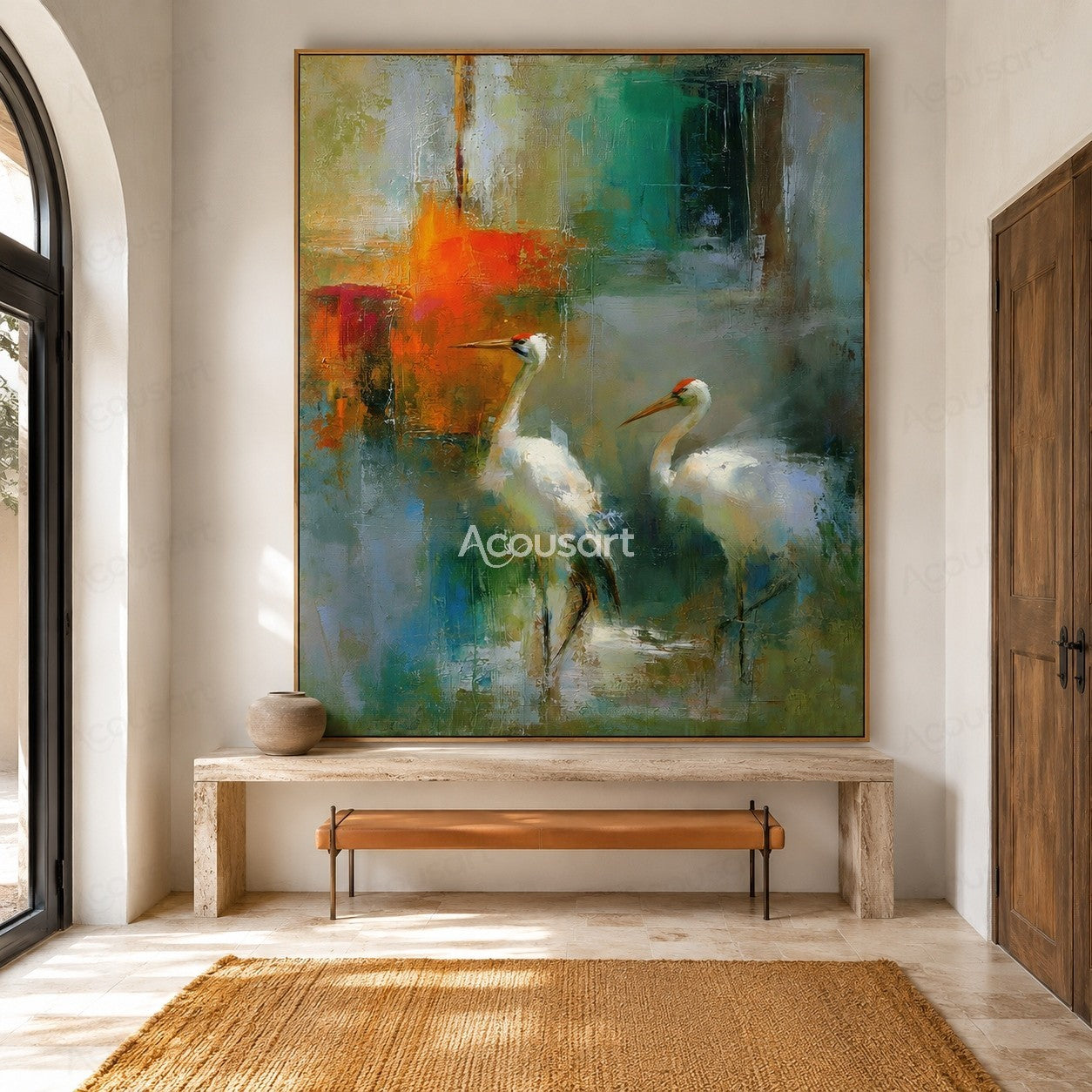 Two white cranes standing in a peaceful abstract blue green landscape painting with textured brushstrokes