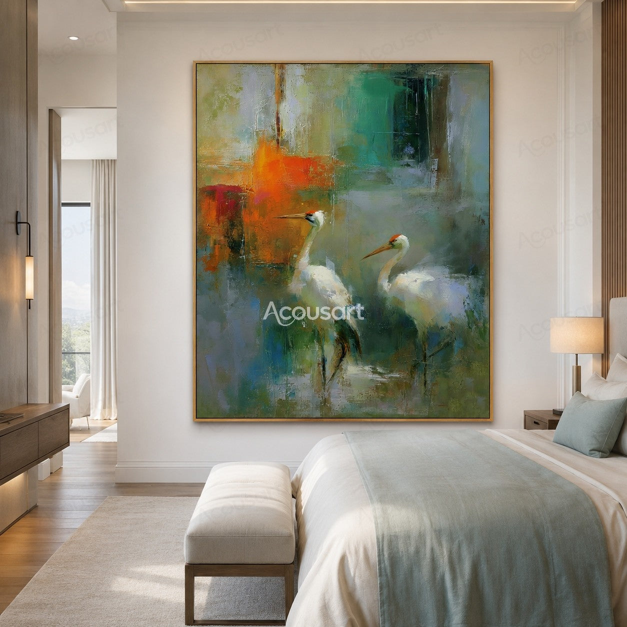 Two white cranes standing in a peaceful abstract blue green landscape painting with textured brushstrokes